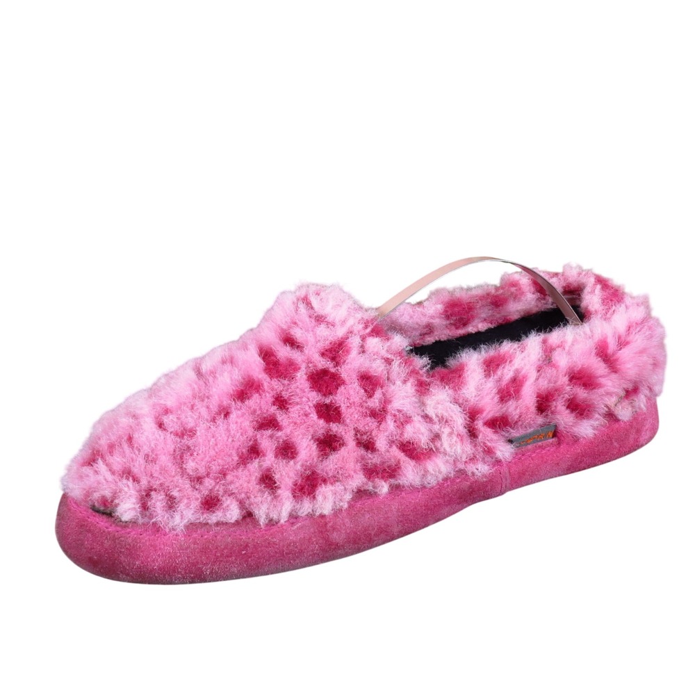 Acorn Kids Faux Fur Slippers Size 4-5 Indoor Comfort Pink Leopard Print